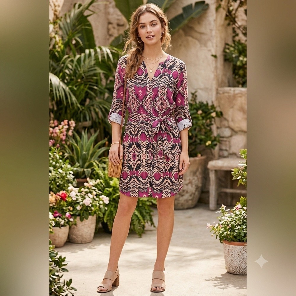 Maeve Anthropologie Ikat Shirtdress Belted Roll‎ Tab Sleeve Purple Pink Small